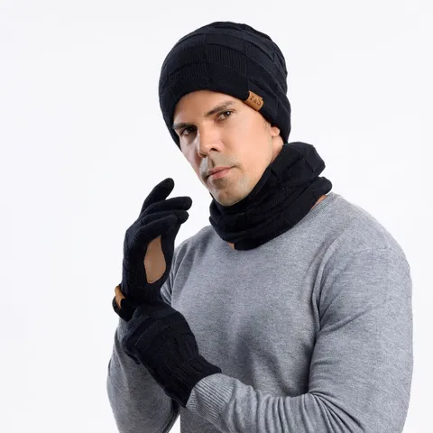 Winter Warm Baumwolle Strickmütze Schal Handschuhe Set Minimalistisch Einfarbig Buchstaben Patch Winddicht Beanie Kappe Outdoor Touchscreen Handschuhe Kragen Für Herren Damen