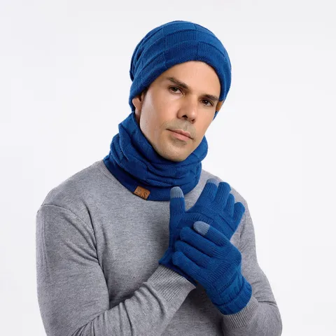 Winter Warm Baumwolle Strickmütze Schal Handschuhe Set Minimalistisch Einfarbig Buchstaben Patch Winddicht Beanie Kappe Outdoor Touchscreen Handschuhe Kragen Für Herren Damen