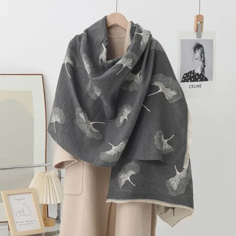 Vintage Elegant Polyester Doppelseitiger Jacquard Schal Stola Mit Quantenfransen Botanisch Ginkgo Kamelie Muster Winter Warmer Schal Für Damen