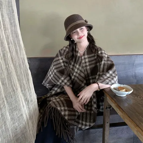 Damen Herbst Winter Retro Kariert Streifen Warm Verdickte Quaste Schal Vielseitige Mode Lässiger Schal