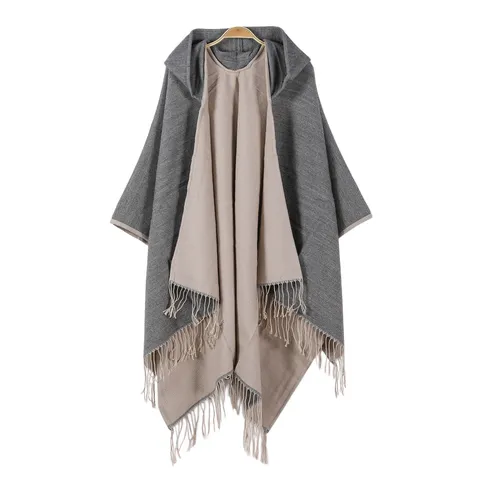 Women Fashion Solid Color Tassel Hooded Shawl Cape Warm Winter Cashmere-like Polyester Oversized Poncho Wrap Scarf