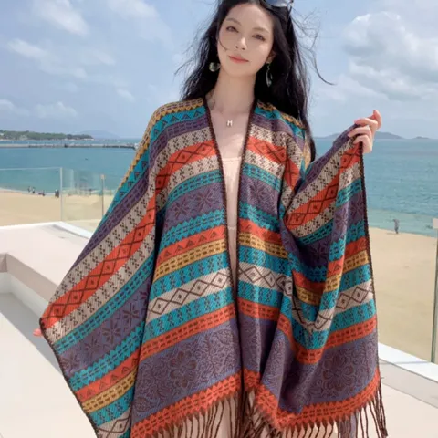 Vintage Ethnisch Geometrisch Gestreift Jacquard Kaschmir-ähnliches Acryl Schal Umhang Poncho Mit Quasten Reisen Warm Fransen Wrap Für Unisex