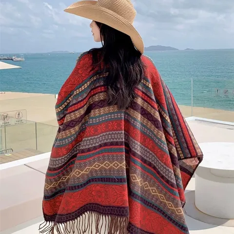 Vintage Ethnisch Geometrisch Gestreift Jacquard Kaschmir-ähnliches Acryl Schal Umhang Poncho Mit Quasten Reisen Warm Fransen Wrap Für Unisex