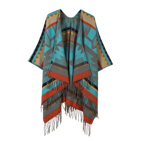 Retro Ethno Stil Gestrickter Schal Poncho Für Damen Mehrfarbig Geometrisch Elefantenmuster Quasten Wrap Für Reisen Urlaub