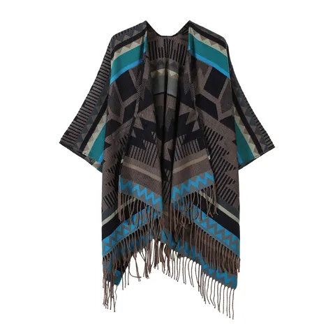 Retro Ethno Stil Gestrickter Schal Poncho Für Damen Mehrfarbig Geometrisch Elefantenmuster Quasten Wrap Für Reisen Urlaub