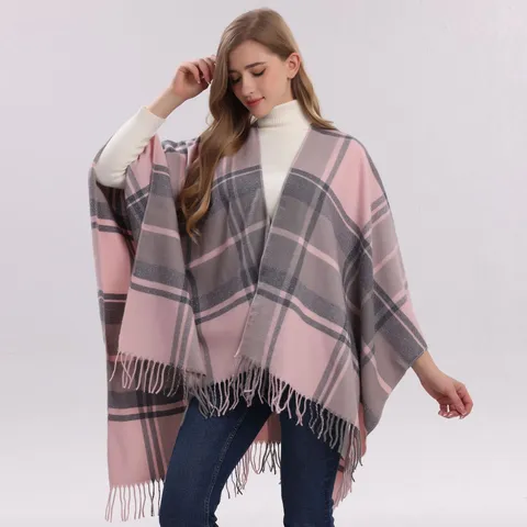 Dames Geruit Geruit Franje Warme Sjaal Verdikte Deken Poncho Bovenkleding Polyester Jacquard Geruit Kwastje Gezellige Winter S Sjaal Wikkel