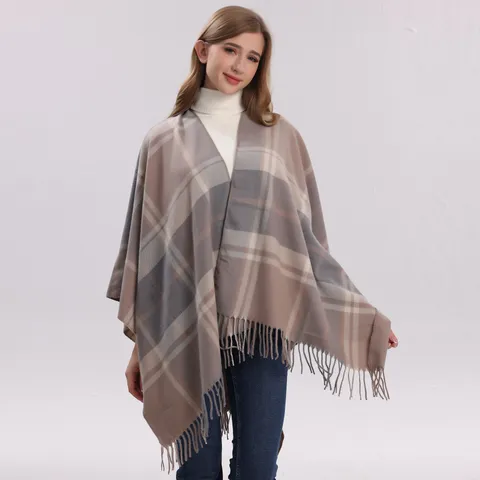 Dames Geruit Geruit Franje Warme Sjaal Verdikte Deken Poncho Bovenkleding Polyester Jacquard Geruit Kwastje Gezellige Winter S Sjaal Wikkel
