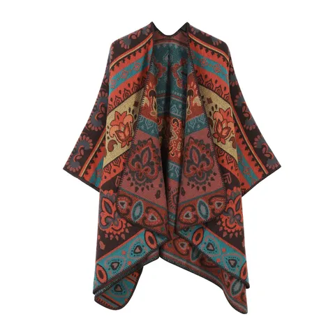 Women's Ethnic Geometric Print Imitation Cashmere Shawl Winter Warm Open Front Poncho Cape Fringe Casual Outerwear Scarf