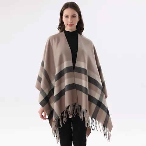 Women Fashion Warm Shawl Imitation Cashmere Striped Color Block Tassel Poncho Classic British Style Knitted Cape Outerwear