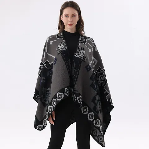 Vintage Geometric Color Block Imitation Cashmere Poncho Shawl For Women Winter Warm Open Front Cloak Scarf Blanket Cape