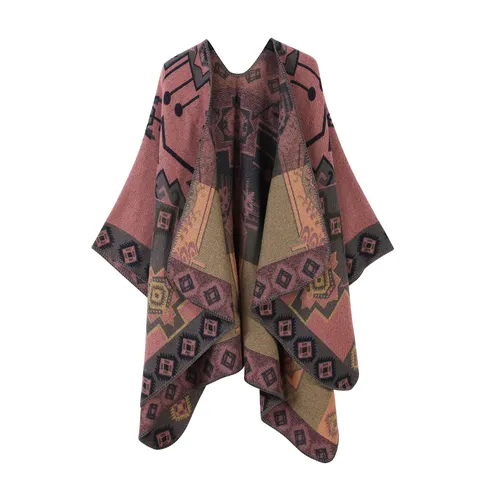Vintage Geometric Color Block Imitation Cashmere Poncho Shawl For Women Winter Warm Open Front Cloak Scarf Blanket Cape