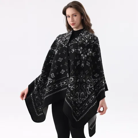 Women Vintage Paisley Knit Shawl Poncho Double Sided Open Front Split Warm Cardigan Cape Cloak Blanket For Air Conditioned Room Office Travel