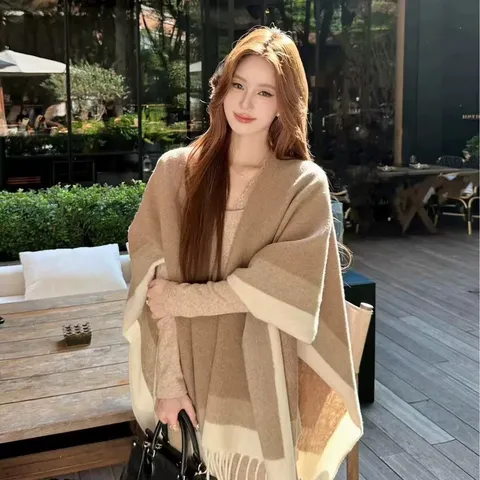 Women Fashion Winter Wool Blend Shawl Wrap Elegant Retro Plaid Cape Tassel Fringe Cozy Warm Poncho Scarf