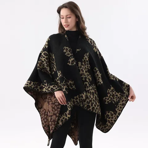 Women Retro Leopard Jacquard Imitation Cashmere Cloak Shawl Wrap Cozy Warm Cape Outerwear Cover Up Split Pullover Robe Poncho