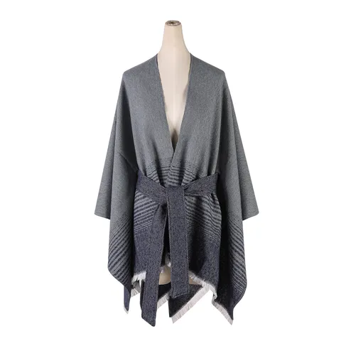 Women's Striped Split Shawl Poncho With Belt Tassels Gradient Knitted Wrap Cloak For Autumn Winter Warm Decorative Outerwear