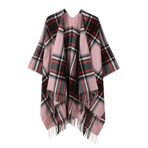 Dames Klassieke Schotse Ruit Sjaal Mantel Met Kwastjes Winter Warm Polyester Jacquard Poncho Wikkeldoek Voor Dames