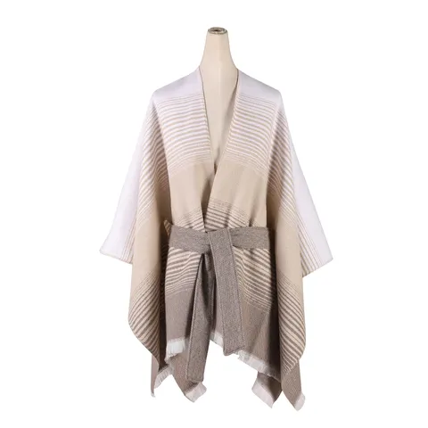 Women's Striped Split Shawl Poncho With Belt Tassels Gradient Knitted Wrap Cloak For Autumn Winter Warm Decorative Outerwear
