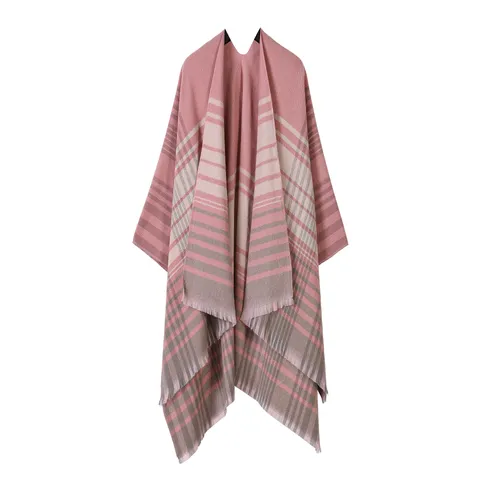 Mujer Vintage Cuadros Rayas Chal Capa Espesado Cálido Imitación Cachemira Flecos Parte Delantera Abierta Manta Envolvente Poncho