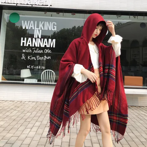Unisex Hooded Faux Cashmere Shawl Bohemian Striped Tassel Cape Winter Warm Travel Blanket Scarf Cloak