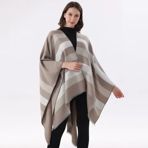 Women Reversible Faux Cashmere Poncho Shawl Striped Tassel Knit Cape Wrap For Winter Office Open Front Cardigan Jacket
