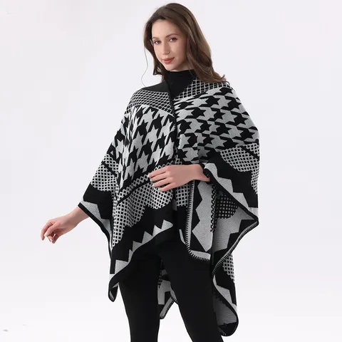 Damen Ethno Hahnentritt Geometrischer Poncho Cape Kaschmir-Imitat Dickes Warmes Schultertuch Für Winterreisen