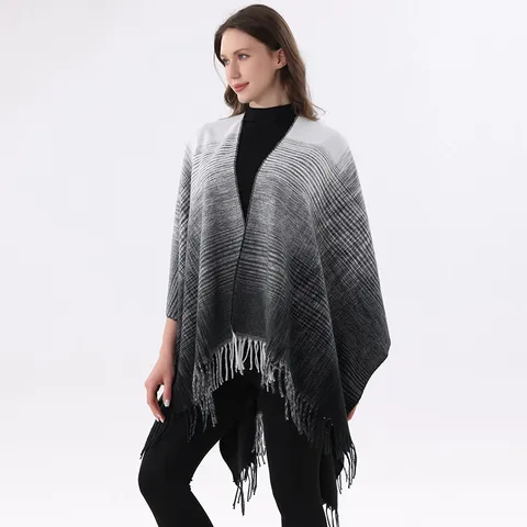 Gradient Color Tassel Shawl Vintage Striped Wrap Scarf For Women Bohemian Warm Winter Oversized Blanket Poncho Cozy Accessories