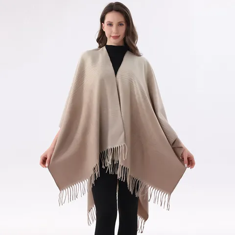 Gradient Color Tassel Shawl Vintage Striped Wrap Scarf For Women Bohemian Warm Winter Oversized Blanket Poncho Cozy Accessories
