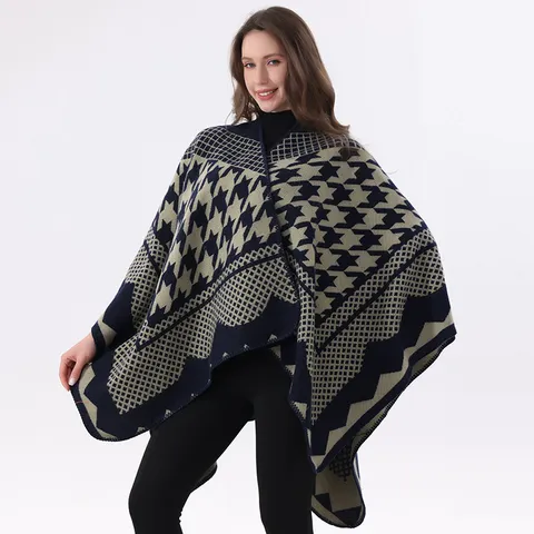 Damen Ethno Hahnentritt Geometrischer Poncho Cape Kaschmir-Imitat Dickes Warmes Schultertuch Für Winterreisen