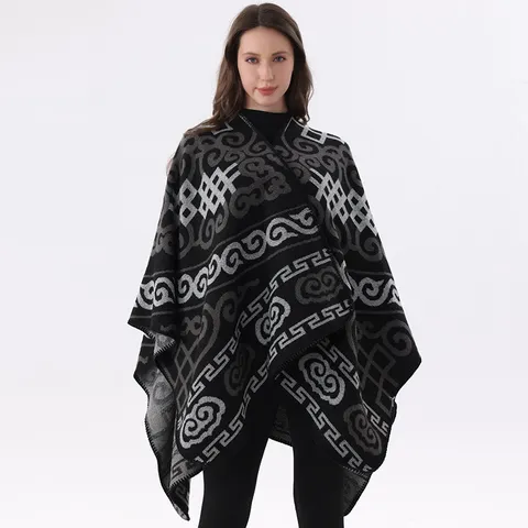 Poncho de Imitación de Cachemira Estilo Chino para Mujer Patrón Geométrico Mantón Cálido de Invierno Cárdigan Étnico Capa de Viaje