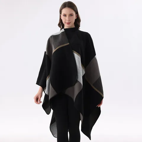 Damen Strickschal Wickel Asymmetrisches Geometrisches Blockmuster Cape Poncho Für Klimatisierte Räume Warm Weicher Pashmina Schal