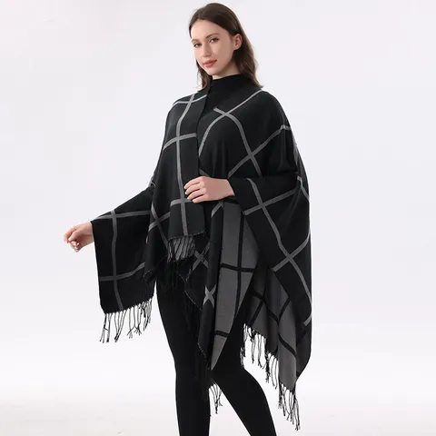 Poncho Capa de Cuadros con Borlas para Mujer Acrílico tipo Cachemira Chal Suave Cálido para Viajes Aire Libre Patrón de Cuadros Invierno
