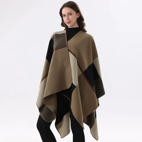 Damen Strickschal Wickel Asymmetrisches Geometrisches Blockmuster Cape Poncho Für Klimatisierte Räume Warm Weicher Pashmina Schal