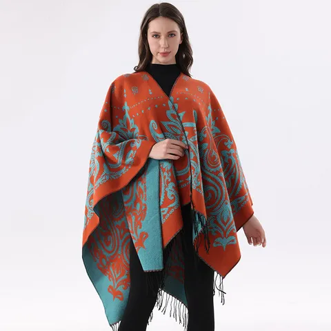 Damen Vintage Paisley Kaschmir-Imitat Schal Color Block Fransen Cape Wrap Offene Front Warme Strick Decke Poncho Für Reisen