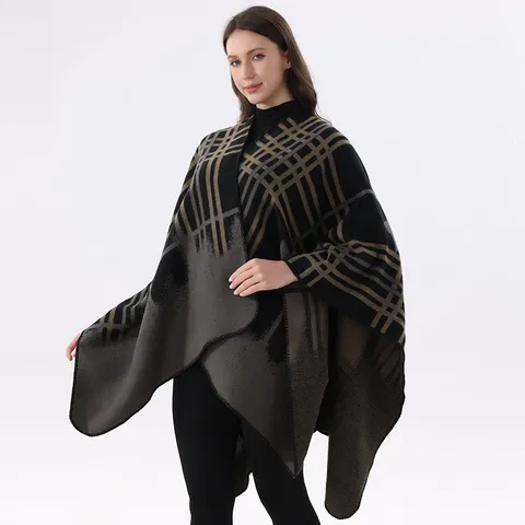 Damen Gitter Poncho Schal Ethno Geometrisches Karo Verdickte Split Cape Polyester Jacquard Warmer Umhang Für Herbst Winter Reisen
