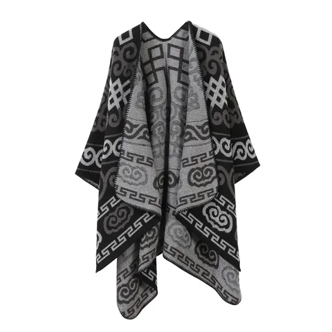 Poncho de Imitación de Cachemira Estilo Chino para Mujer Patrón Geométrico Mantón Cálido de Invierno Cárdigan Étnico Capa de Viaje