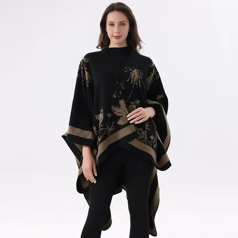 Women Vintage Cashmere Like Floral Jacquard Shawl Poncho Double Sided Thick Warm Cape Wrap Scarf Open Front Cardigan Outerwear
