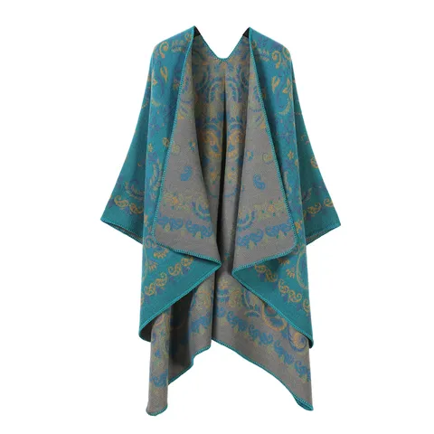 Pastoral Kaschmir-Imitat Vorne Offen Schal Cape Für Damen Vintage Bedruckt Doppelseitig Gestrickt Warm Wickelschal Poncho