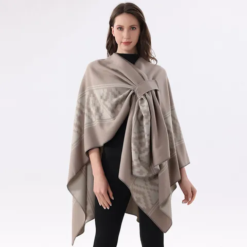 Damen Herbst Winter Warm Poncho Poncho Retro Geometrisches Muster Asymmetrischer Riemen Geschlitztes Cape Weicher Schal