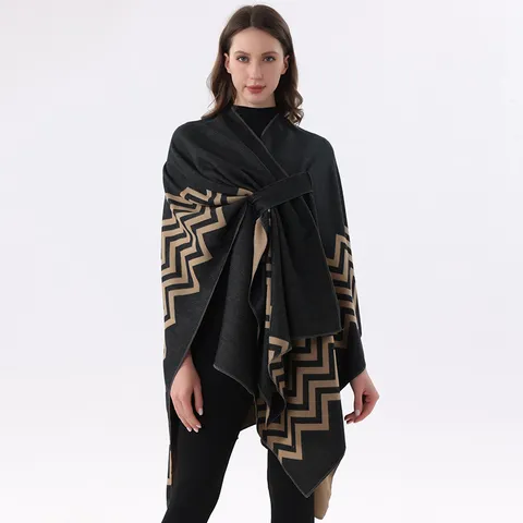 Damen Herbst Winter Warm Poncho Poncho Retro Geometrisches Muster Asymmetrischer Riemen Geschlitztes Cape Weicher Schal