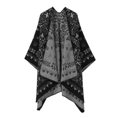 Damen Vintage Jacquard Imitat Kaschmir Schal Offene Front Fransen Cape Winter Warm Mode Wrap