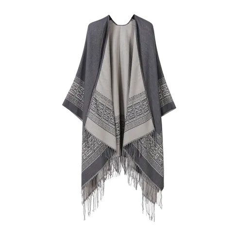 Geometrisches Muster Fransen Schal Cape Cardigan Winter Warm Einfarbig Farbblock Umschlagtuch Für Damen Tägliche Reise