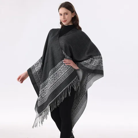Geometrisches Muster Fransen Schal Cape Cardigan Winter Warm Einfarbig Farbblock Umschlagtuch Für Damen Tägliche Reise