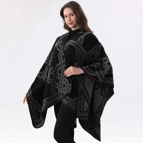 Ethno Geometrische Kette Muster Kaschmir Imitat Schal Cape Dick Colorblock Vorne Offen Multifunktionaler Warmer Poncho Für Damen