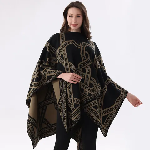 Ethno Geometrische Kette Muster Kaschmir Imitat Schal Cape Dick Colorblock Vorne Offen Multifunktionaler Warmer Poncho Für Damen