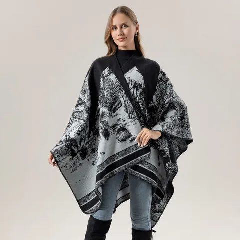 Women Fashion Acrylic Imitation Cashmere Shawl Winter Warm Knitted Travel Cape Vintage Jacquard Open Front Outerwear Scarf