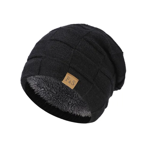 Herren Winter Warm Acryl Strickmütze Mode Slouchy Dick Flauschfutter Gehörschutz Einfarbig Gitter Textur Umschlaglose Mütze Leder Patch Dekor