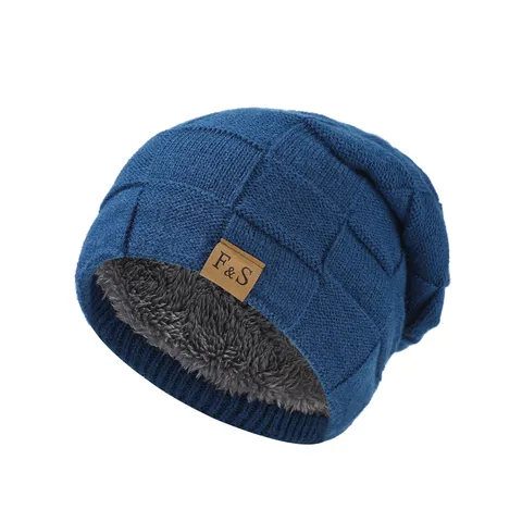 Herren Winter Warm Acryl Strickmütze Mode Slouchy Dick Flauschfutter Gehörschutz Einfarbig Gitter Textur Umschlaglose Mütze Leder Patch Dekor