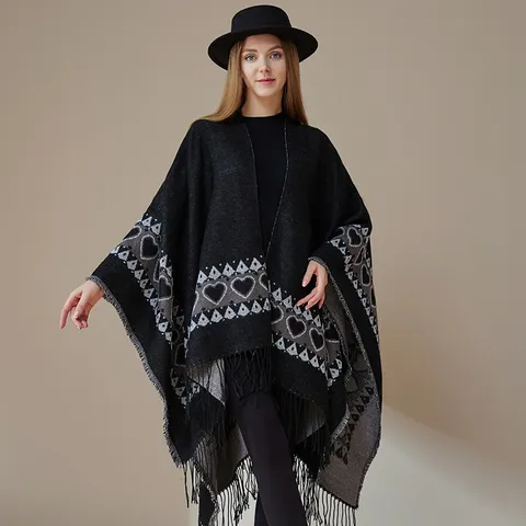 Women Winter Warm Acrylic Fringed Shawl Cloak Ethnic Style Heart Pattern Tassel Reversible Casual Outerwear