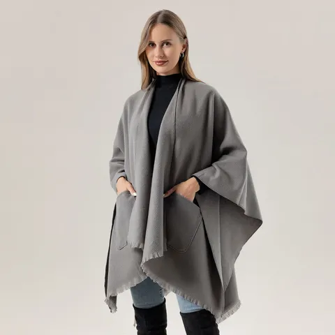 Lässiger Damen Schal aus Kaschmirimitat mit Taschen Fransen Einfarbig Winter Warm Poncho Cape für Reisen Täglich