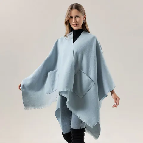 Lässiger Damen Schal aus Kaschmirimitat mit Taschen Fransen Einfarbig Winter Warm Poncho Cape für Reisen Täglich